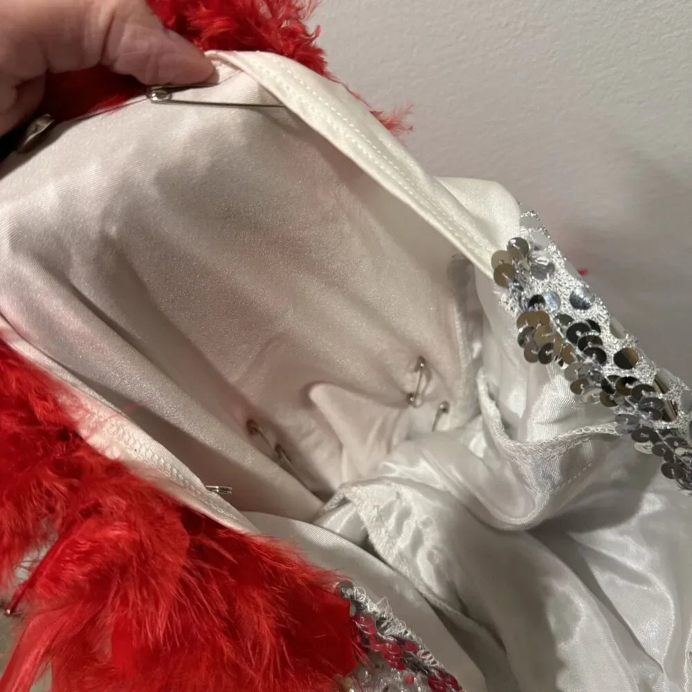 Silver Sequin Showgirl Leotard Dance Costume Removable Red Feathers Adult Small - Picture 5 of 6